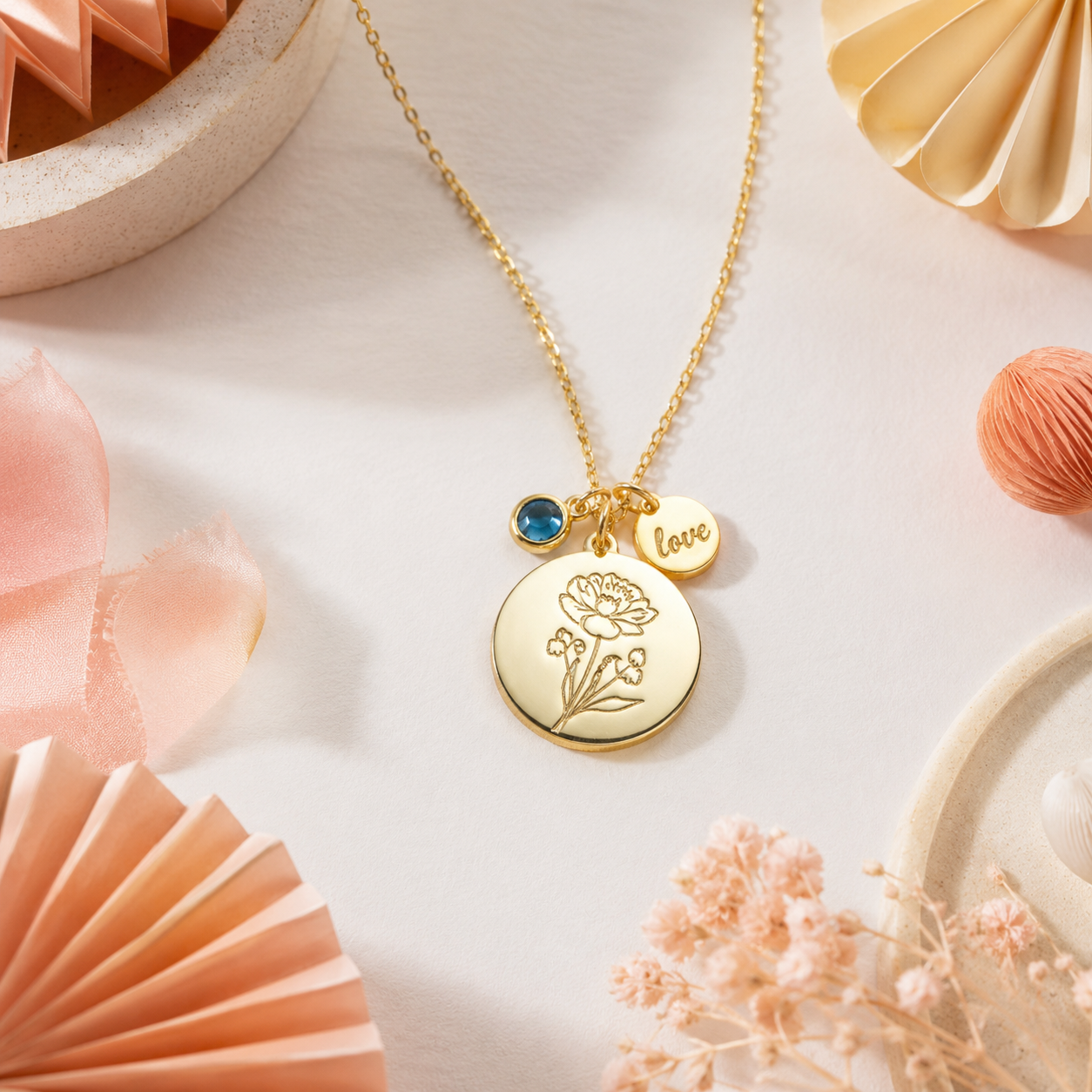 Engraved Birth Flower & Birthstone Necklace | Name Disc Pendant