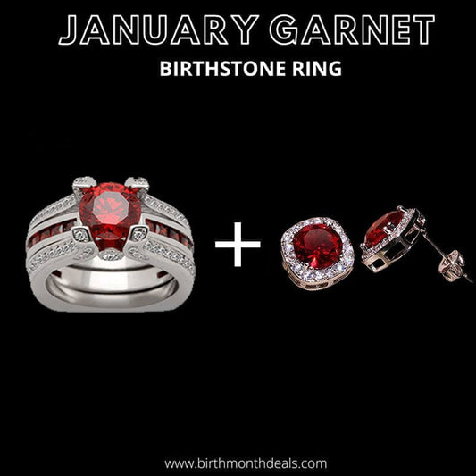 January Garnet Birthstone Ring + Earrings - Birthmonth Deals