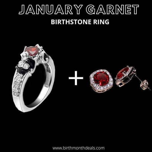 January Garnet Birthstone Ring + Earrings - Birthmonth Deals