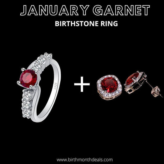 January Garnet Birthstone Ring + Earrings - Birthmonth Deals