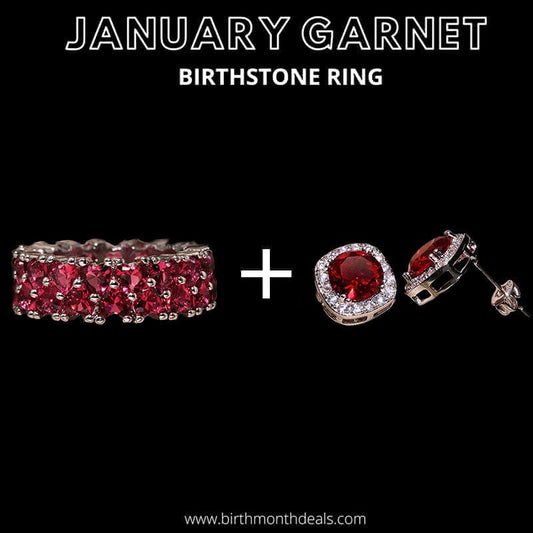 January Garnet Birthstone Ring + Earrings - Birthmonth Deals