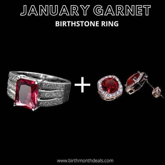 January Garnet Birthstone Ring + Earrings - Birthmonth Deals