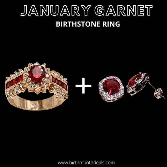 January Garnet Birthstone Ring + Earrings - Birthmonth Deals