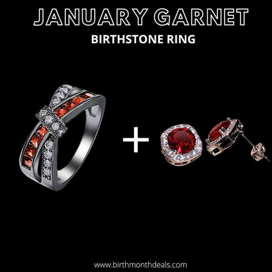 January Garnet Birthstone Ring + Earrings - Birthmonth Deals